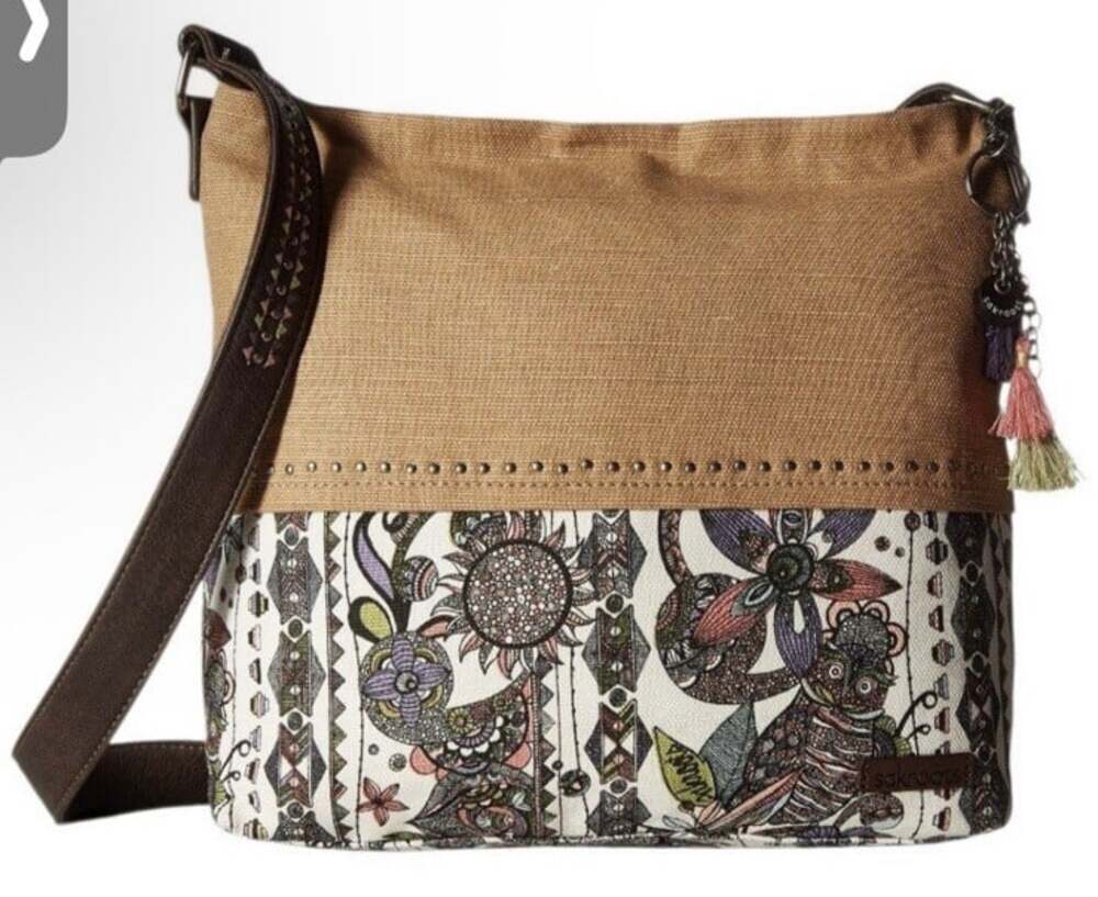 Sakroots Artist Circle Uncoated Canvas Crossbody Handbag Charms Owl Boho Tan